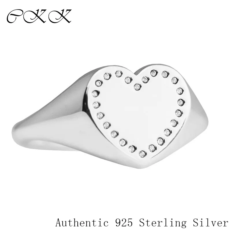 

Authentic 925 Sterling Silver Heart Signet Ring With Clear CZ for Women DIY Fine Jewelry SR123