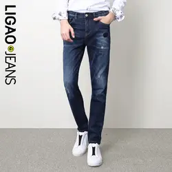 LIGAO Для мужчин джинсы 2018 Повседневное Лоскутная Slim Fit джинсы нищий рваные поцарапанные прямые штаны Панталоны мужской Для мужчин s Denim Jean