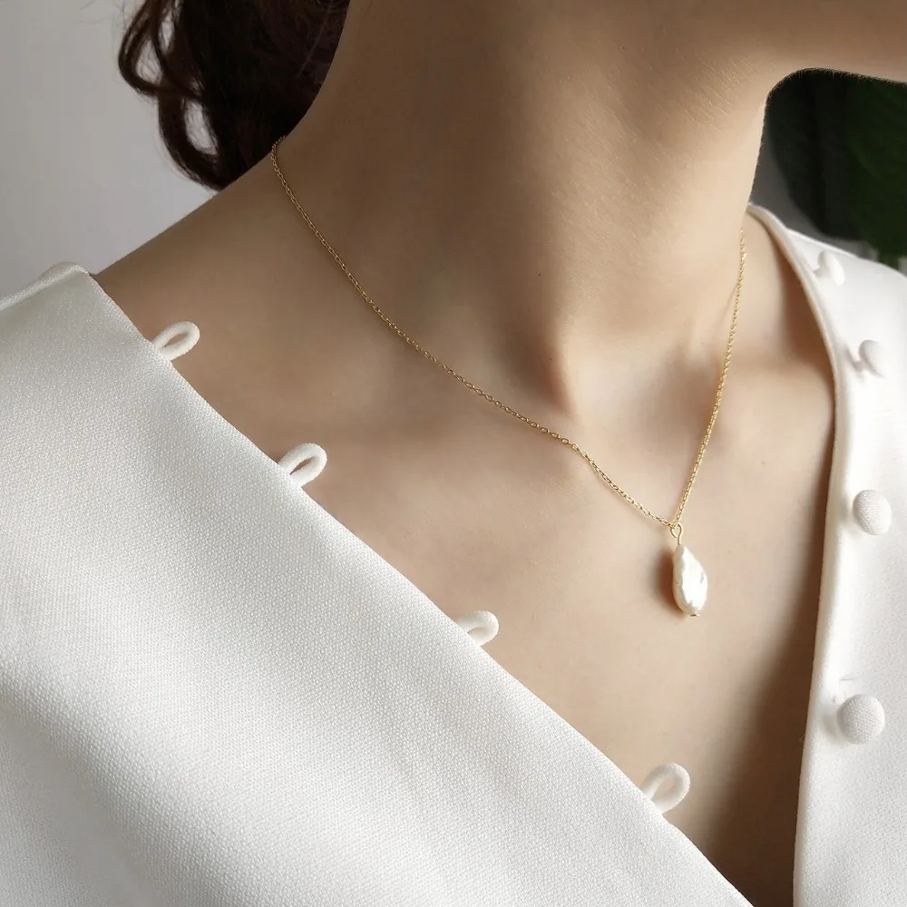Amaiyllis s925 Sterling Silver Baroque Shaped Pearl Charms Pendants Necklaces Gold Long Chains Necklace For Women | Украшения и