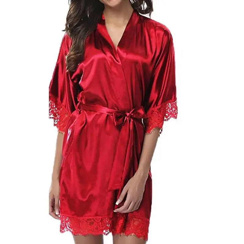 Новое женское сексуальное свадебное платье, короткое шелковое свадебное платье, кружевная Пижама-кимоно, одноцветная ночная рубашка, белье размера плюс - Цвет: Красный