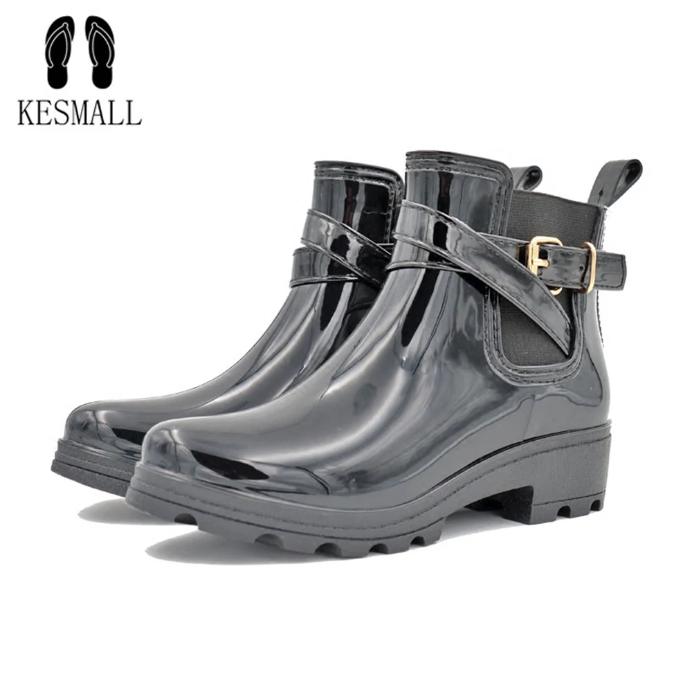 

KESMALL Women Ankle Rain Boots Rubber Buckle Platform Slip On Boots PVC Waterproof Motorcycle Flat With Woman Shoes WS272