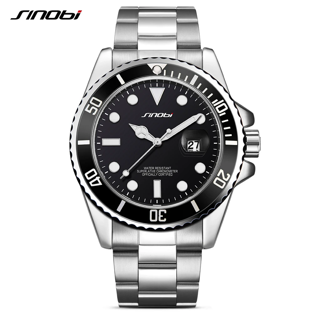 SINOBI Mens Watches Top Brand Luxury High Quality Solid steel belt Mans Sport Submariner series Watches Golden relogio masculino