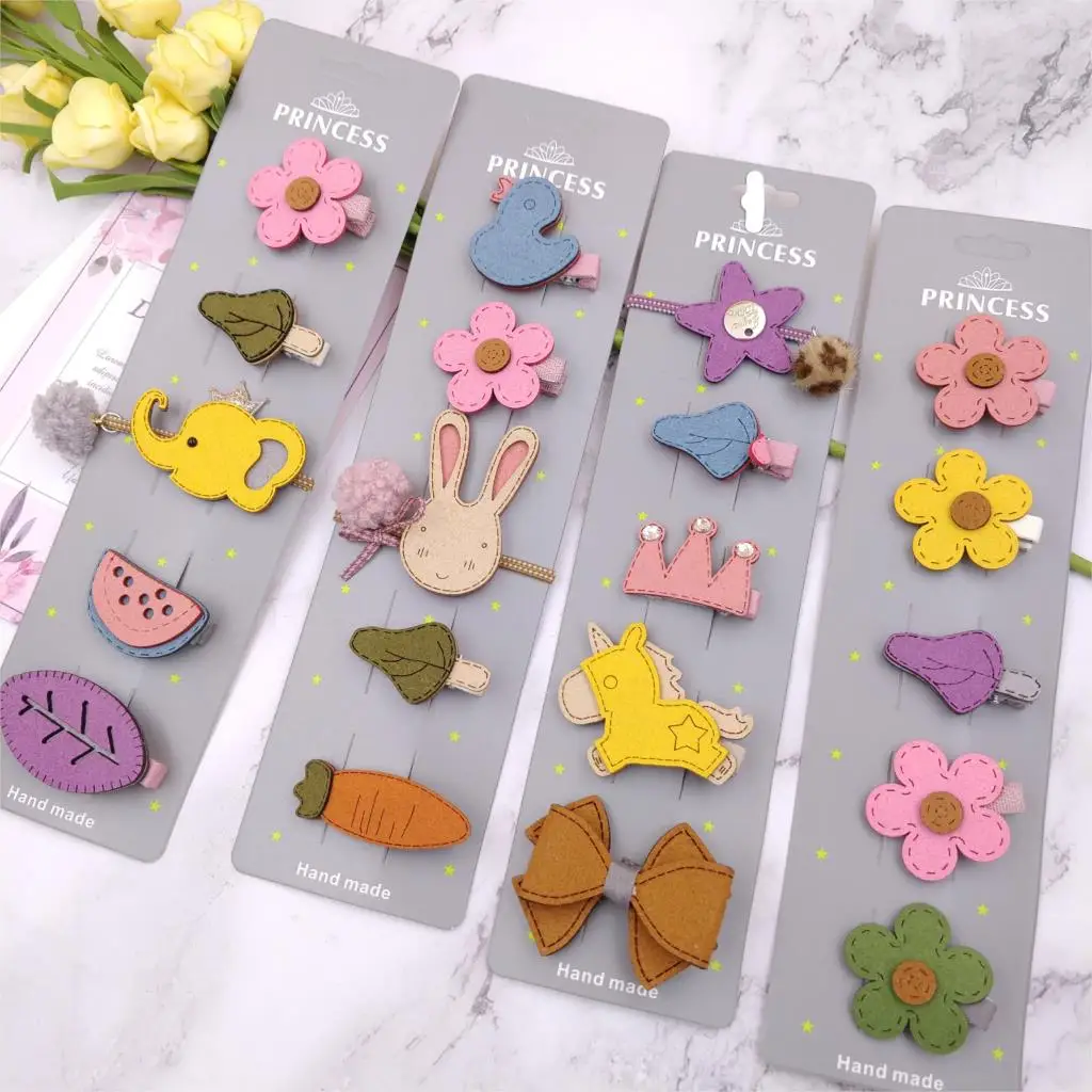 

5pcs/set New girls children baby's cute leather hairpin set cartoon bunny flower hair clips hairwear for girls Hair Accessories