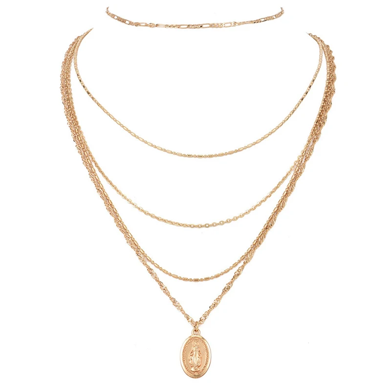 

5 Pcs/ Set Vintage Chain Virgin Mary Multilayer Pendant Long Chain Necklace Women Gold Silver Necklace Set Simple Christian Gift