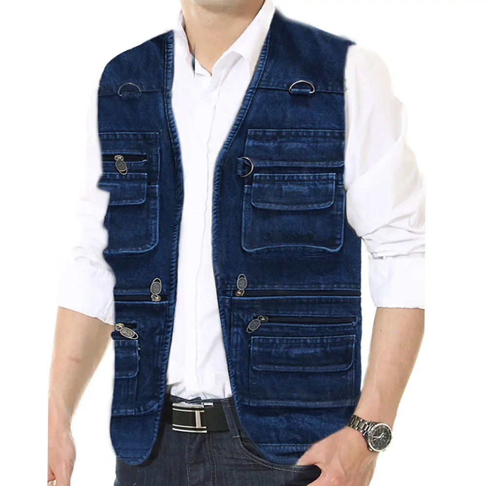 Free shipping Male Denim Vests Men 5XL 6XL 7XL Vest Mens Outdoors Cotton Multi Pocket Sleevless Jean Jacket Men Jeans Masculino 2