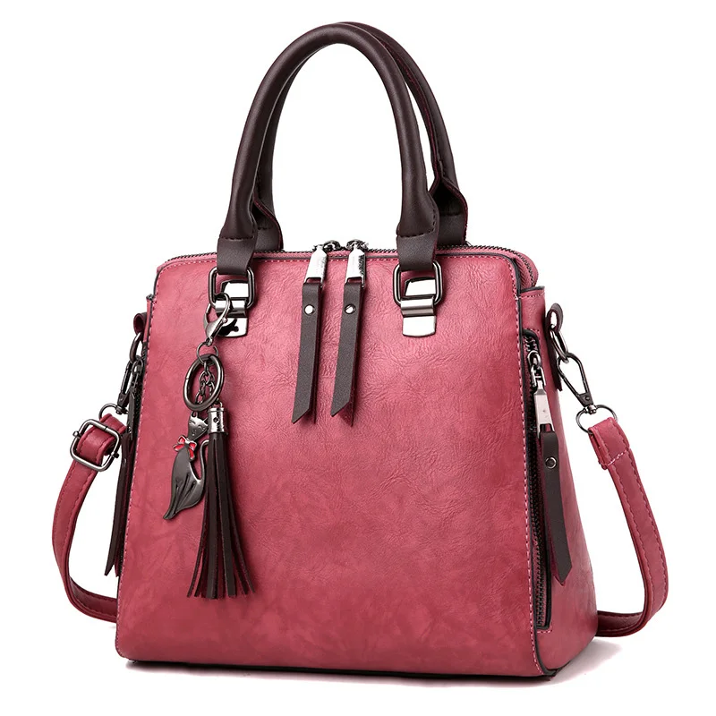 SMOOZA винтажные кожаные женские сумки, женские сумки-мессенджеры, сумки с кисточками, дизайнерские сумки через плечо, сумки через плечо, бостонские ручные сумки - Цвет: Deep Pink