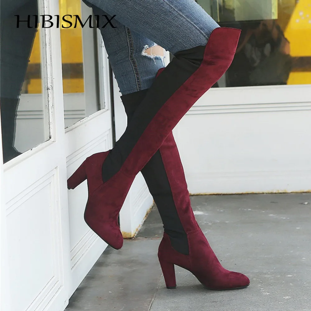 HIBISMIX/женские сапоги до колена; коллекция года; модные разноцветные лоскутные сапоги на высоком каблуке с круглым носком; короткая плюшевая женская обувь; 1248