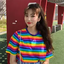 Женская Корейская Харадзюку Повседневная Свободная Радужная полосатая футболка Женские футболки топы японская кавайная Женская одежда для женщин