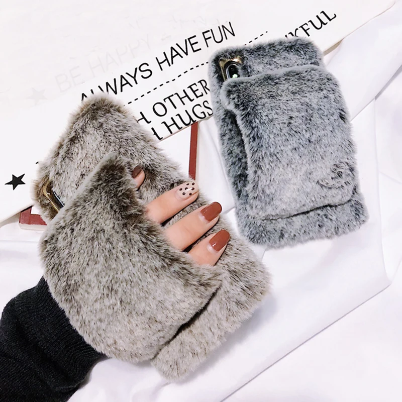 

Cute Fluffy Rabbit Fur Case For iPhone 7 8 Plus 6 6s X XS XR Silicone Luxury Winter Warm Glove Cover For iPhone XS Max XR Case