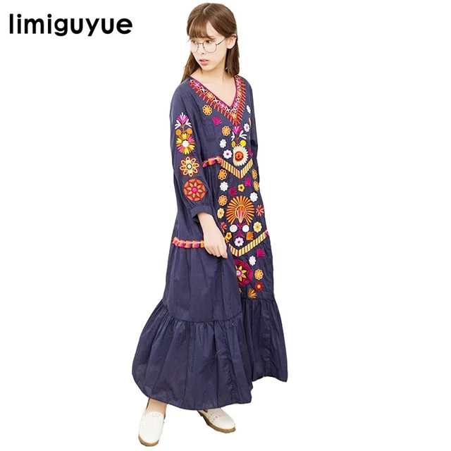 Ethnic Vintage Embroidery Mexican Long Dress Women 2017 Luxury Brand Ethnic Vintage Embroidery Mexican Long Dress Women 2017 Luxury Brand Cotton Boho People Hippie Chic
