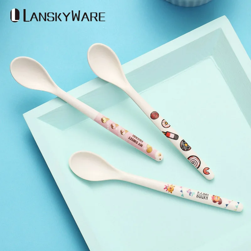 

LANSKYWARE Cute Kids Bamboo Coffee Spoon Long Handle Dessert Tea Spoon With Color Pattern Kitchen Soup Ice Cream Coffee Scoop