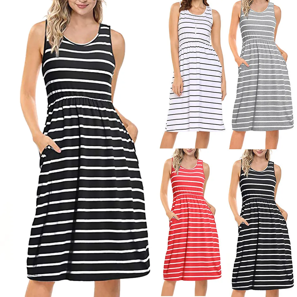 

2019Women's Fashion O-Neck Sleeveless Loose Striped Maxi Dresses With Pocket Four Colors Choose Beach Bayan Elbise Robe 3#