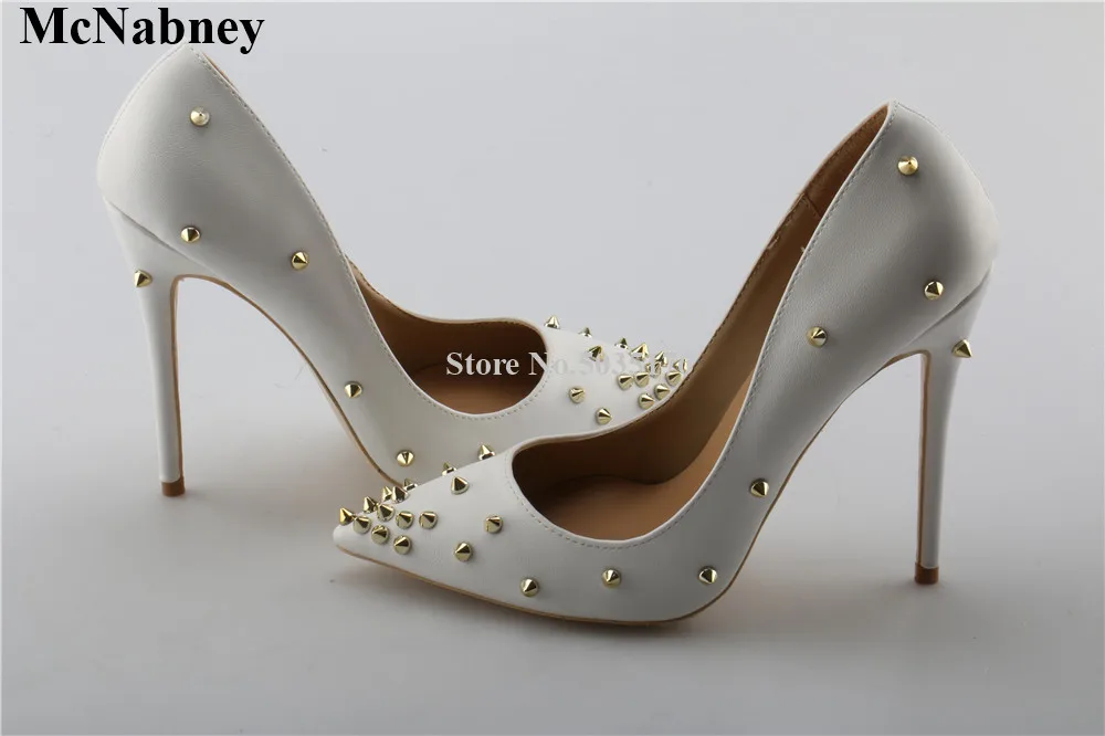

Rivet White Party European Women Leather Pointed Toe Stiletto Heel Pumps Slip-on High Heel Shallow Formal Dress Women Shoes