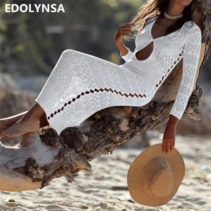 

2019 Sexy Hollow Out Knitted Cover-ups Summer Women Beach Wear Long Sheath Dress Crochet Tunic Swim Suit Cover Up Sarongs #Q731