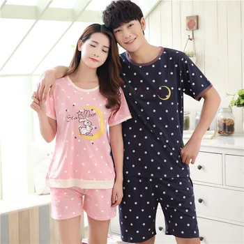

New Summer Cotton Couples Pajamas Sets Men's Pajamas Sweet Girls Cartoon Rabbit Lounge Women Pyjama femme 3XL Polka Dot Clothing