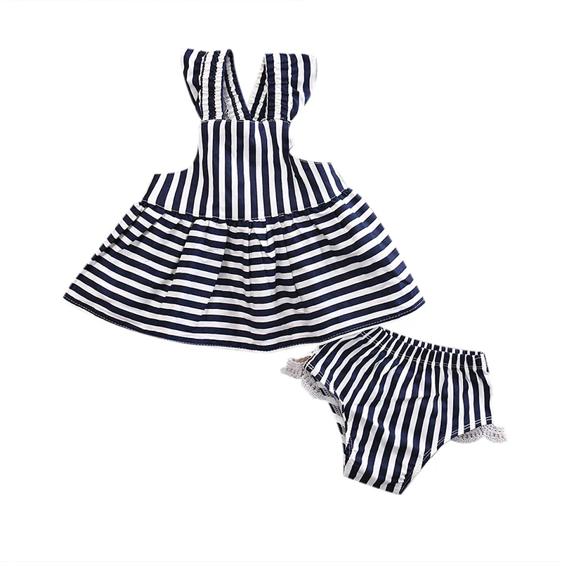 

Summer Newborn Baby Girls Bowknot Stripe Mini Dress Lace Bloomers Shorts 2PCS Sunsuit Outfits Set 0-24M