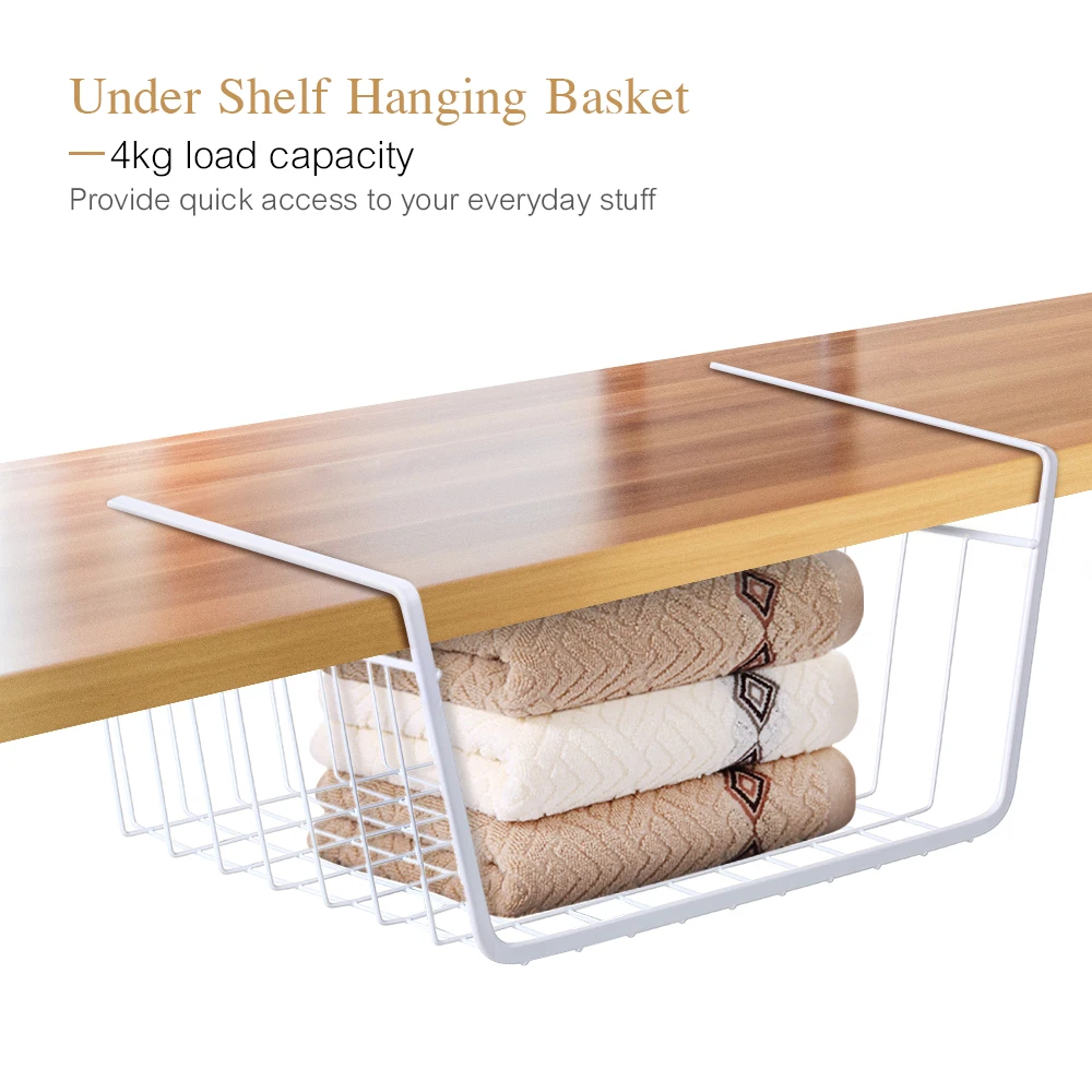 Hanging Storage Basket Metal Wire Under Shelf Cabinet Organizer Holder for Bookshelf Kitchen Closet Office Desk Cupboard