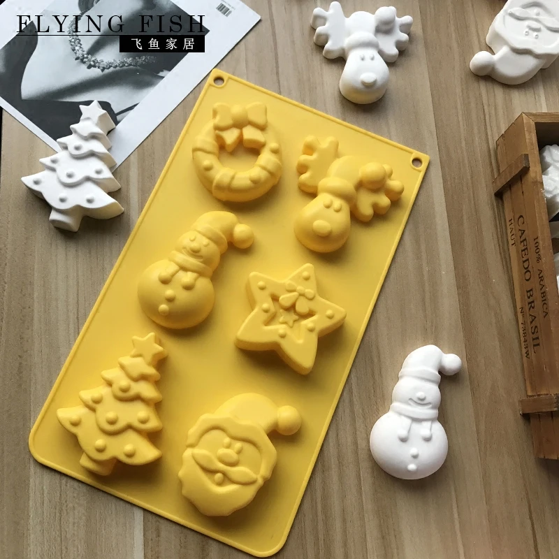 

Silicone mold 6 hole Christmas series Cake Mould Snowman Santa handmade soap molds elk snowman santa claus bells aroma wax mould