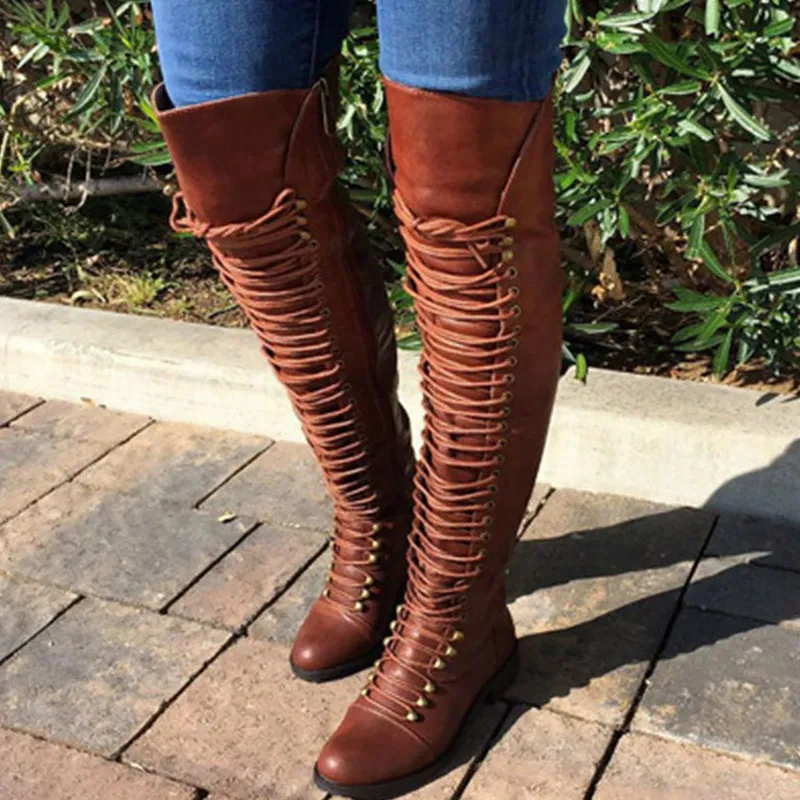 Женская обувь весенне-осенние Удобные однотонные высокие сапоги с перекрестной шнуровкой, большой размер 43 женские ботфорты выше колена с круглым носком Дамская суперзвезда - Цвет: Brown