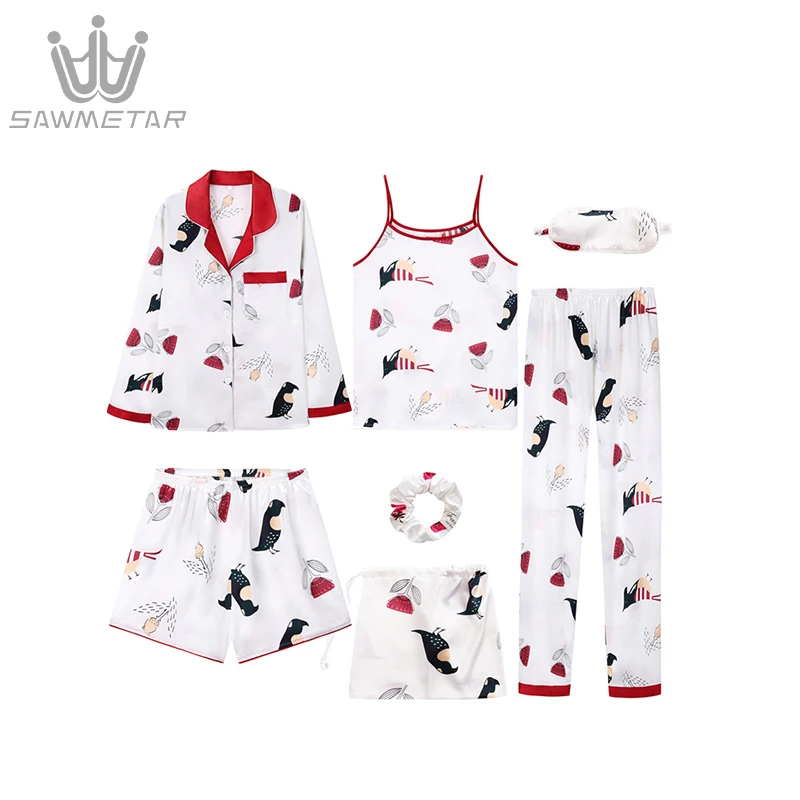 

Emulation Silk Pijama Women's 7 Pieces Pajamas Sets Print Striped Pyjamas Women Long Sleeve Sleepwear Spring Summer Homewear