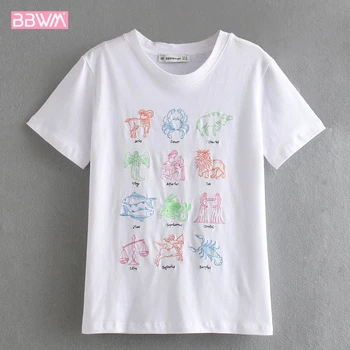 

Round neck pullover animal embroidery print female T-shirt short-sleeved loose top 2019 summer Harajuku women's shirt tee
