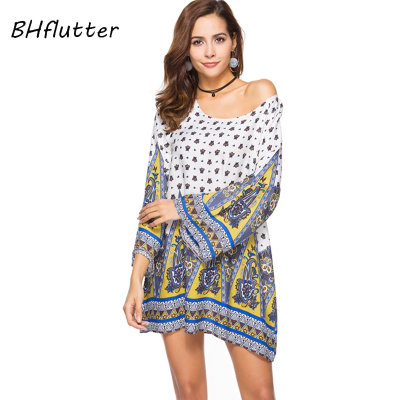 

BHflutter 2018 New Dress Women Long Sleeve Casual Summer Dress Soft Cotton Floral Print Mini Boho Dress Plus Size Women Clothing