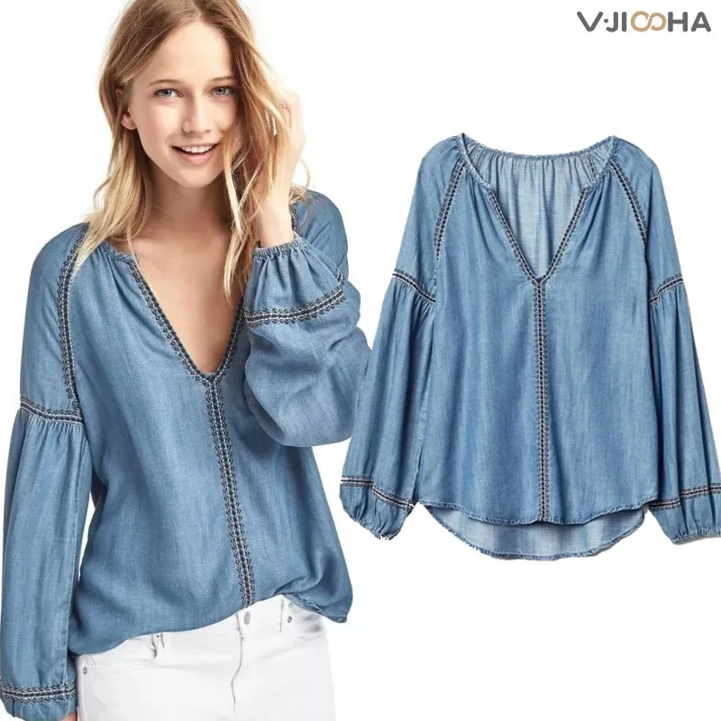 Blouses Casual Shirt Women Blouse Women Summer Loose Shirts Blouse Cotton Denim Shirt Female Retro Style Embroidery V Collar