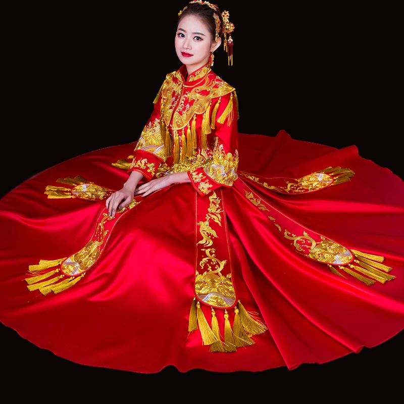 Китайский традиционный брак Qipao золото Ленточки Новинка Для женщин чехонг-костюм вышивка древняя Свадебное платье S-XL
