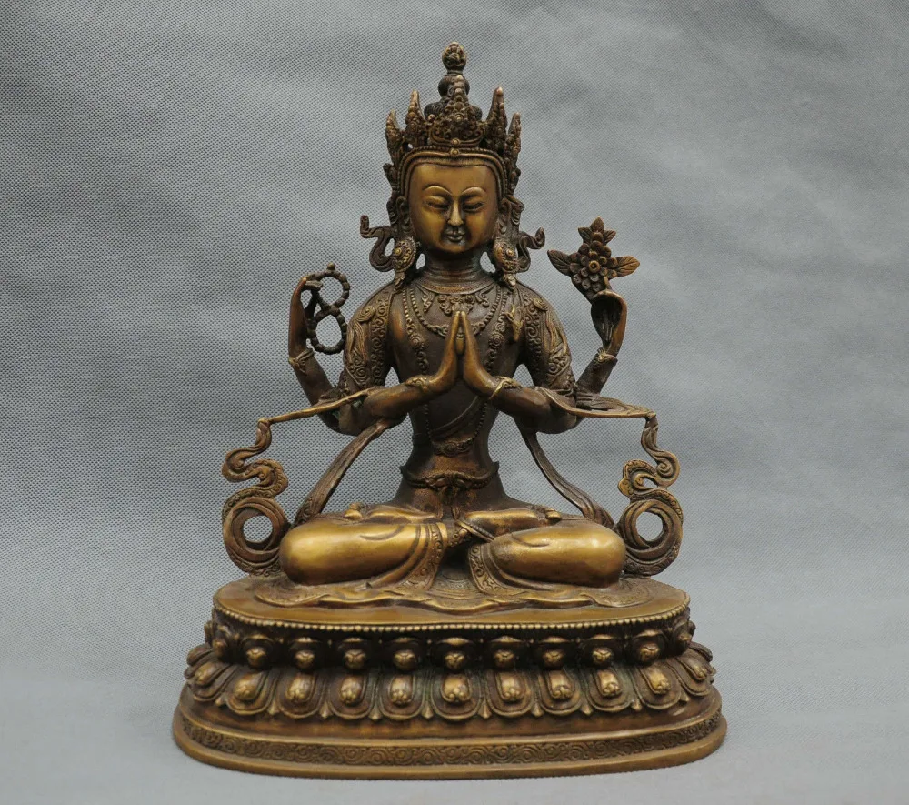 

xiuli 002664 12'' Tibet Tibetan 4 Arms Kwan-yin Buddha Chenrizig Bronze Statue