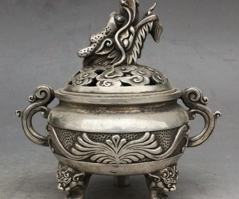 

7" Marked China Dynasty Silver Dragon Beast Head statue incense burner Censer