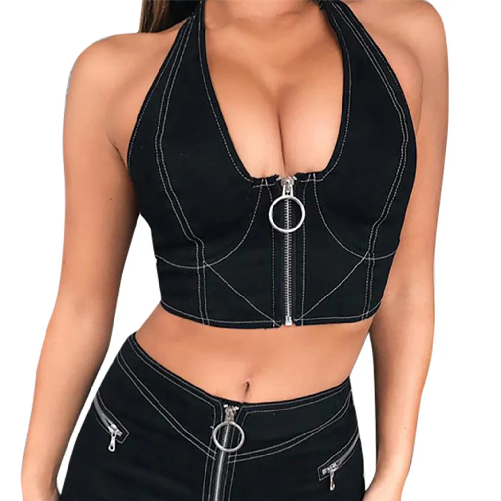 

Fashion Crop Top Women Sexy body femme bandage top Up Short Ring Zipper haut femme Neck Vest Tank Tops ropa verano mujer 2019