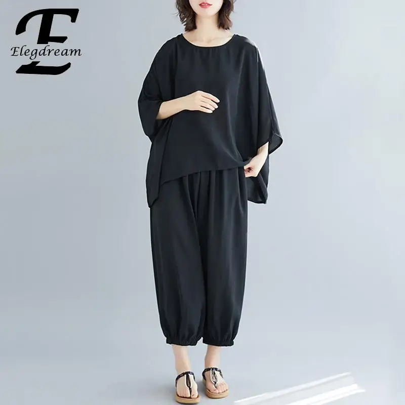 

Elegdream Oversized Plus Size Women Fashion Solid Color Shirt Pants Two Pieces Set Lady Summer Top Tee Capri Tunic Trousers Suit