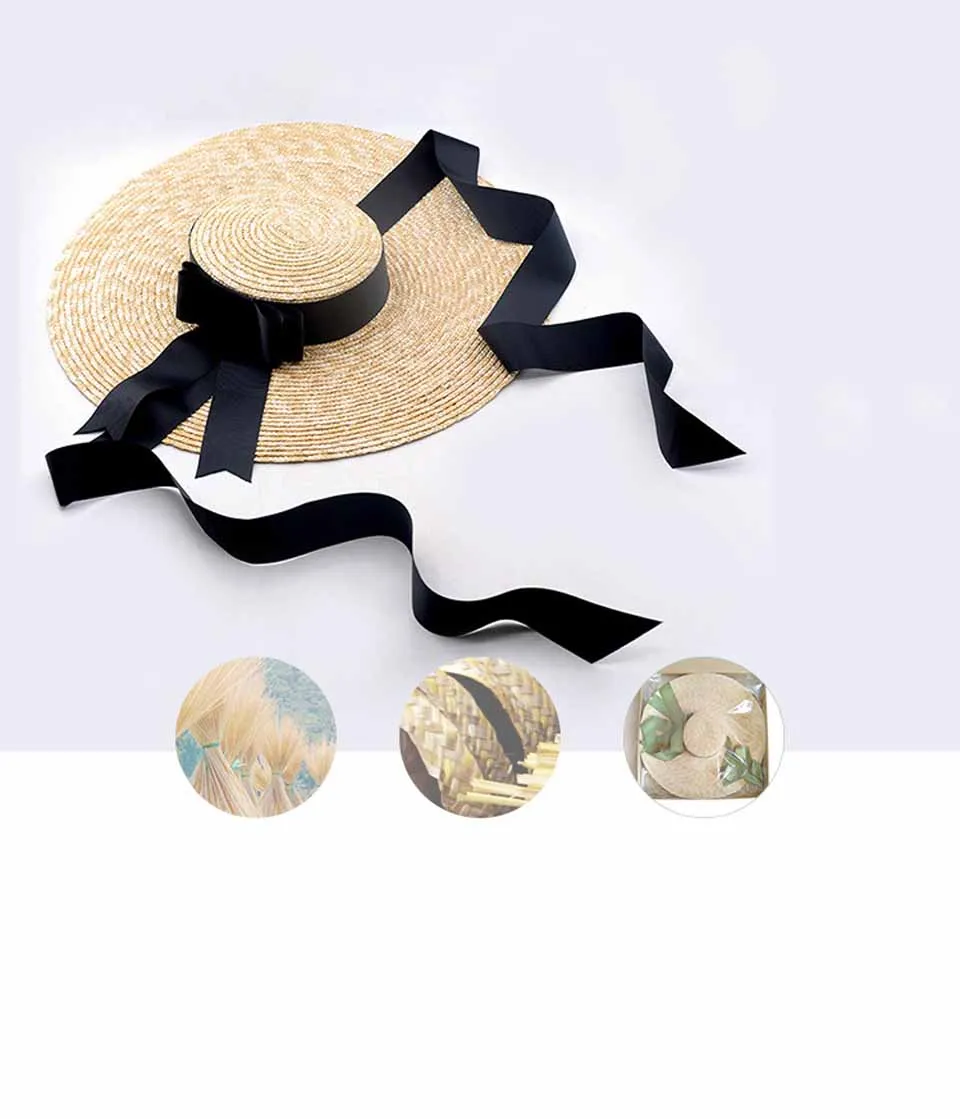 Natural Wheat Straw Hat Ribbon Tie 15CM/18CM Brim Boater Hat Elegant Beach Sun Hat Cap Lady Summer Wide Brim UV Protect Hats