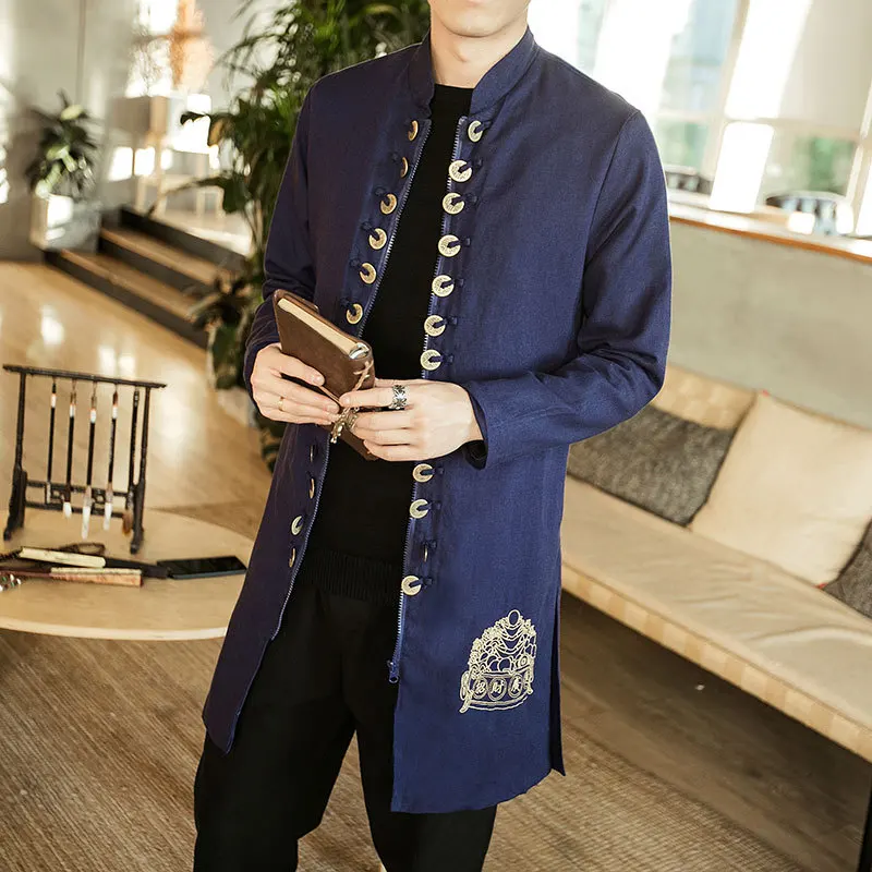 

Mens Spring Autumn Embroidered Long Trench Cotton Linen Jackets Male Traditional Chinese Clothing Tang Suits CN-115