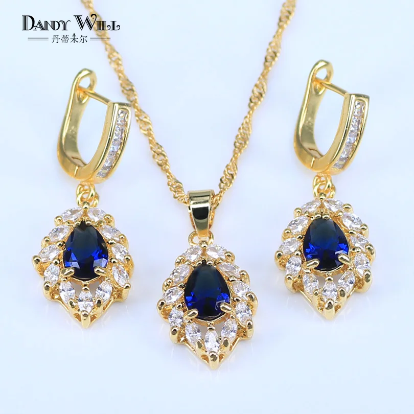 Простой стиль Дубай золотой цвет ювелирные изделия роскошный синий кубический цирконий ожерелье серьги браслет наборы вечерние набор украшений для женщин - Окраска металла: Золотое шампанское