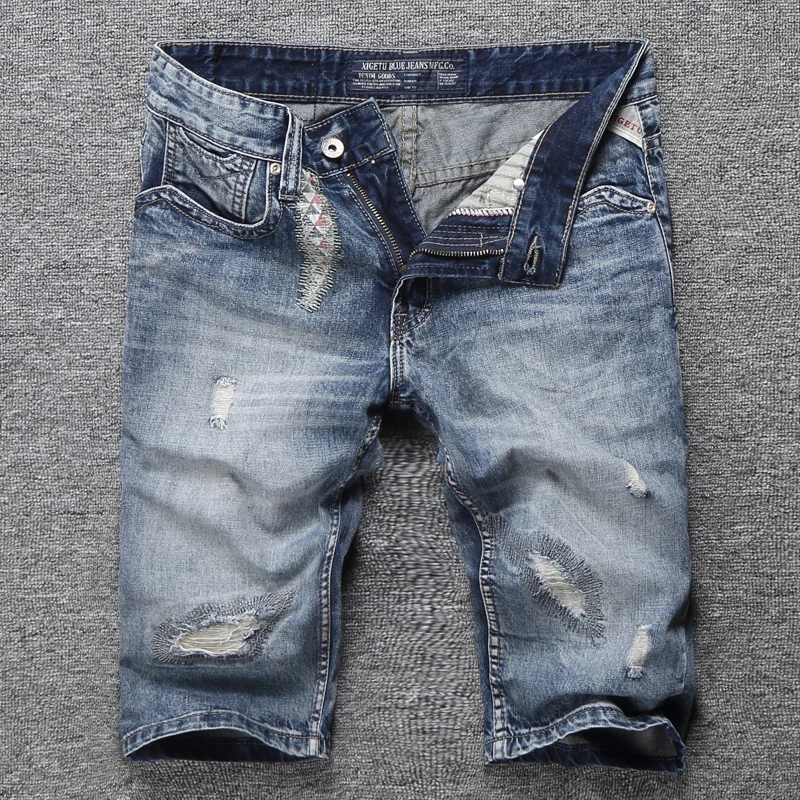 

Summer Fashion Streetwear Men Jeans Shorts Retro Blue Patchwork Ripped Short Jeans Men Denim Shorts Hip Hop Shorts Hombre