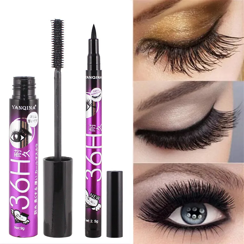 

36H black 3D curling lengthening fiber waterproof mascara & eyeliner makeup set long-lasting effect not blooming eye makeup tool