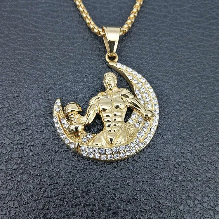 

New 24inch Stainless Steel Jewelry Hip Hop Fitness bodybuilding on Moon Pendant Necklace for men SN110