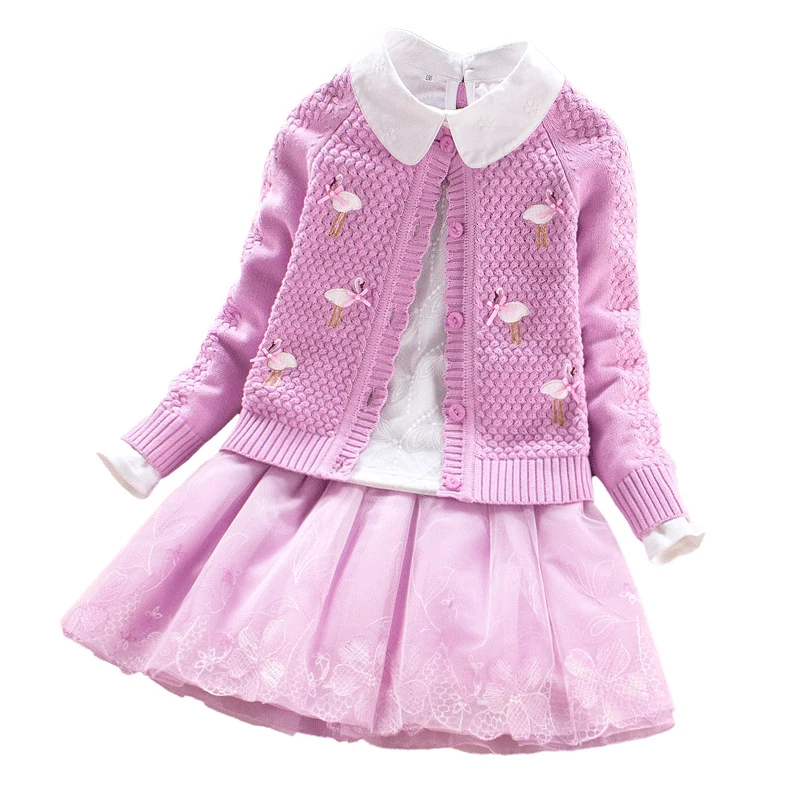 

Children's clothing set 2018 Autumn Winter Sweater Coat+Shirt+Skirt 3pcs Lace Flowers Kids Girls Cotton Clothes 8 10 12 14 years