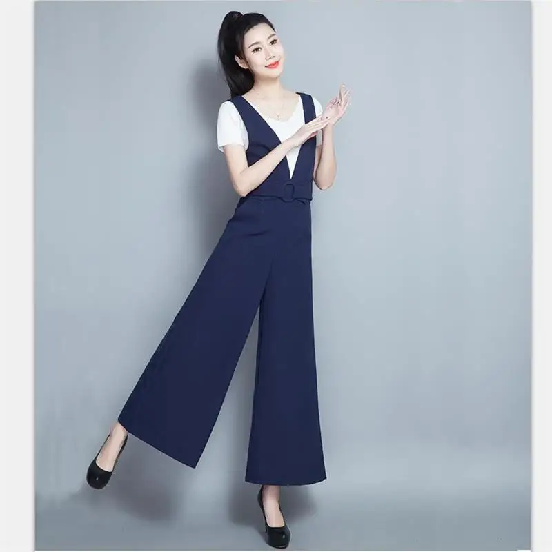 High quality spring new V-neck jumpsuit casual wide leg pants vest jumpsuit sleeveless simple fashion women's clothing
