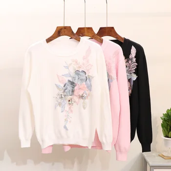 

2018 New Heavy Industrial Embroidery Sequins Three-dimensional Flowers Fashion Long-sleeved Sweater Women's Knitted Tops