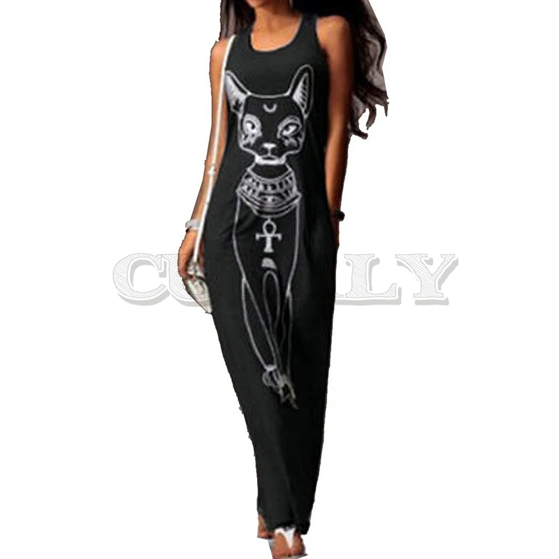 

CUERLY 2019 Women Summer Long Maxi Dress Casual Cat Print Boho Beach Dress Sexy Evening Party Bodycon Dress Largos Mujer XXXL