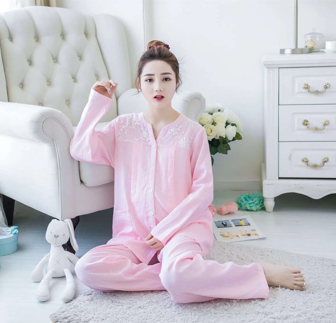 

Pregnant women spring and summer cotton lace thin section long-sleeved pajamas home service suit maternity clothes