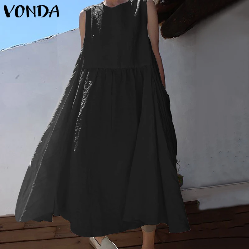 Белое хлопковое длинное летнее платье VONDA размера плюс, сексуальное однотонное платье с круглым вырезом, винтажное повседневное свободное вечернее платье 5XL