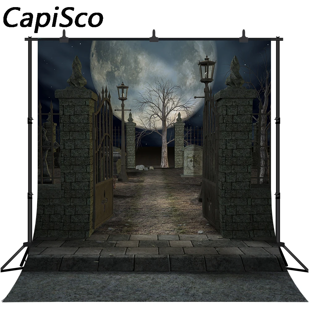 

Capisco Halloween Photography Backdrop Haunted Cemetery Gate Full Moon Horror Night Scary Doorway Gloomy Background studio Props