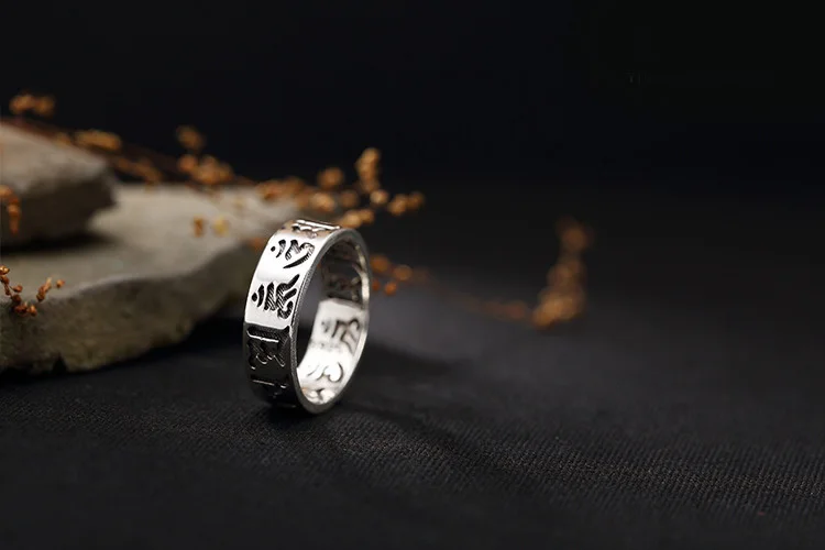 925 Sterling Silver Vintage Ring Buddhist Classic Six Character Mantra Personalized Gift Party Wedding Band