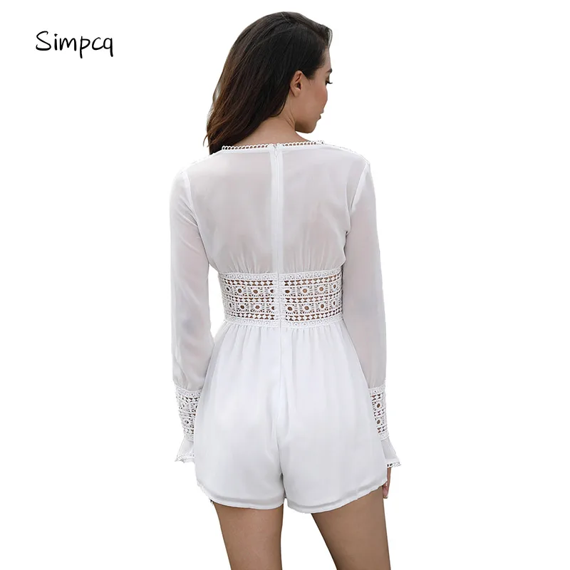 Simpcq Sexy V-Neck Summer Stylish Women's Jumpsuit Chiffon Hollow Out Black Short Playsuit Elegant Flare Long Sleeve Overalls 