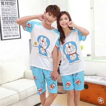 

Foply New Summer Doraemon Cartoon Lovers Cute Women Men Couple Short Sleeve 2PCS Pajama Sets Milk Silk Casual Clothes Sleepwear