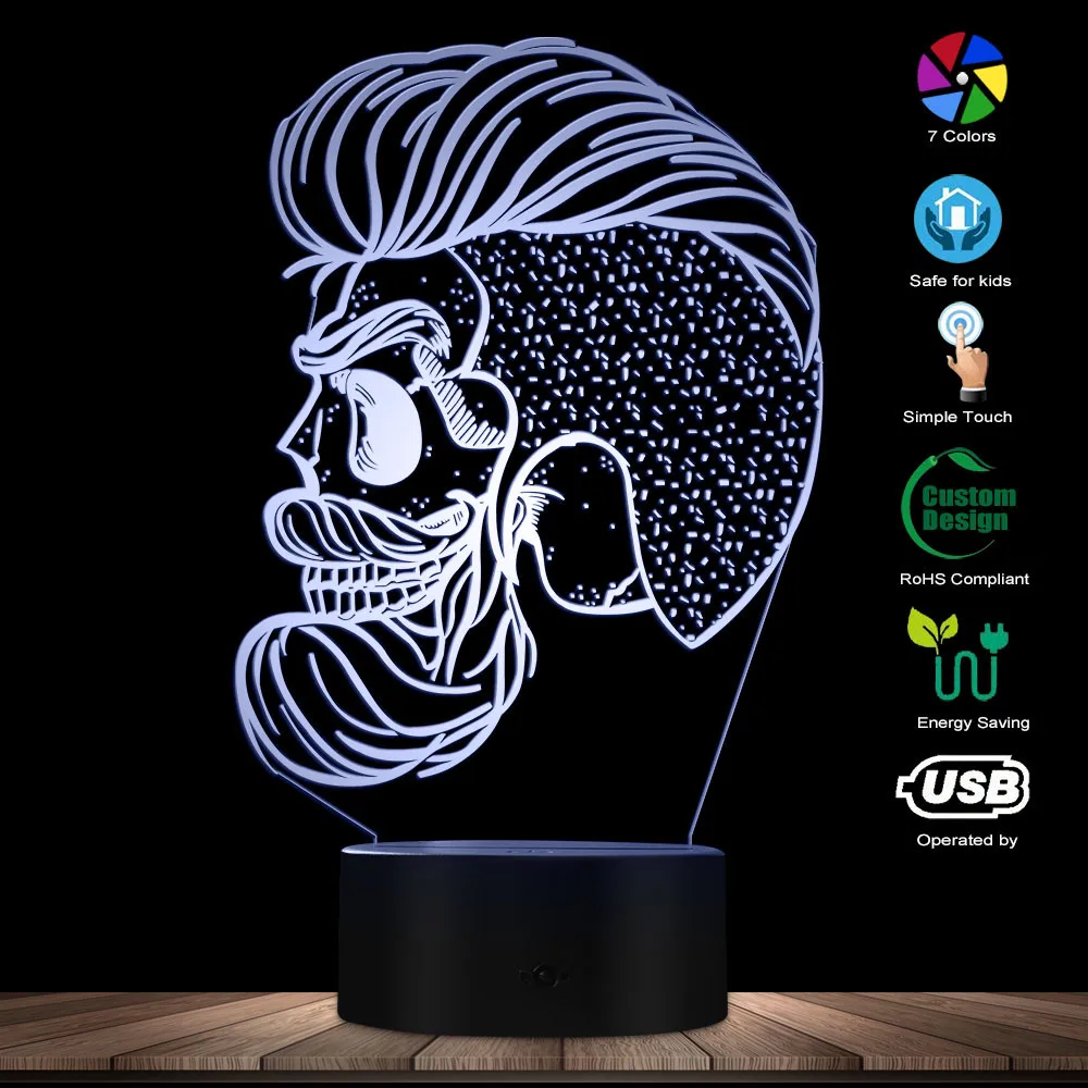 Hispter череп ночной Светильник Парикмахерская борода череп 3D Оптическая иллюзия светодиодный ночник Mancave персонализированное освещение Декор лампа подарок