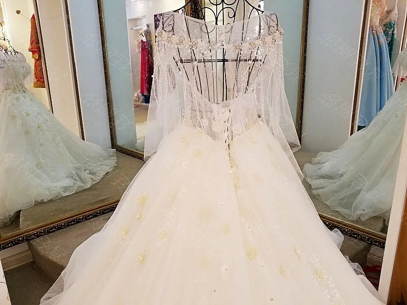 Цветы Кристалл бисер Тюль Свадебные платья Половина рукава Vestido De Noiva Princesa Luxo свадебное платье pakaian pengantin